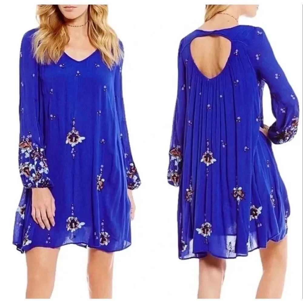 Free People Oxford Shift Dress Cobalt Blue Floral Embroidered Cut Out Size XS